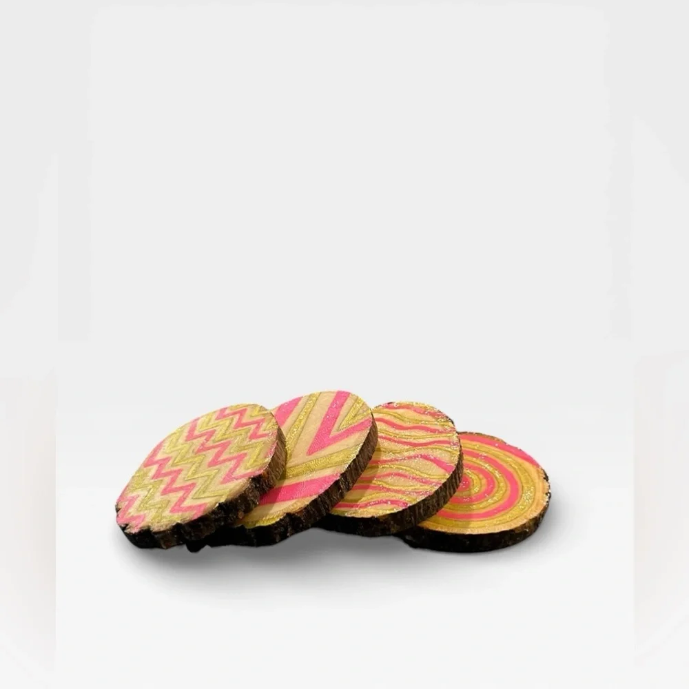 Handmade 4 Raw Wood Pink and Gold Patterned Coasters